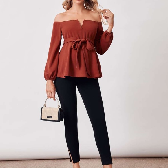 MATERNITY Red Burgundy off shoulder belted blouse - Picture 7 of 10